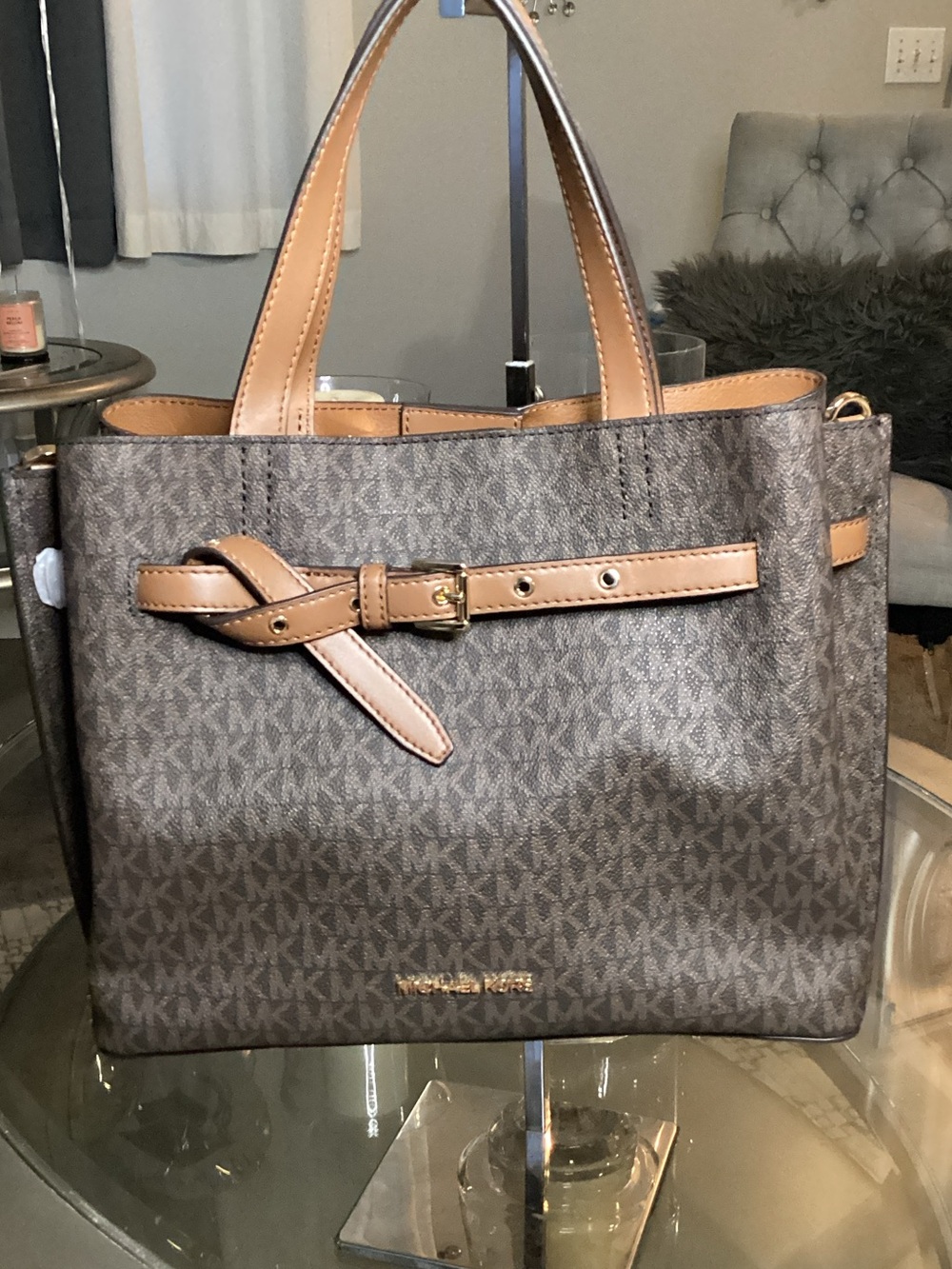Michael Kors Brown MK Monogram Tote with Tan Leather Accents